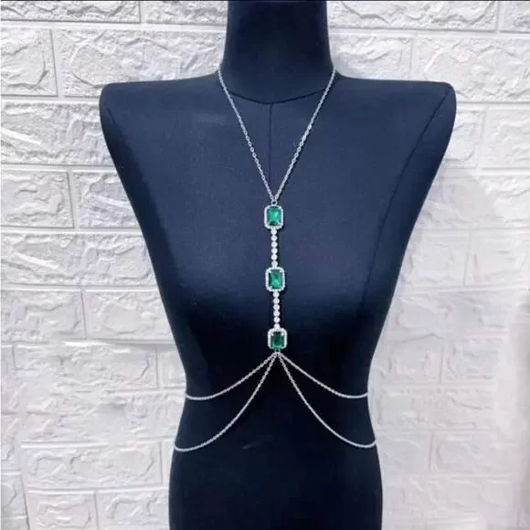 Emerald Silver Zircon Body Chain, Elegant, Classy, Minimalist, Punk - Picture 5 of 5